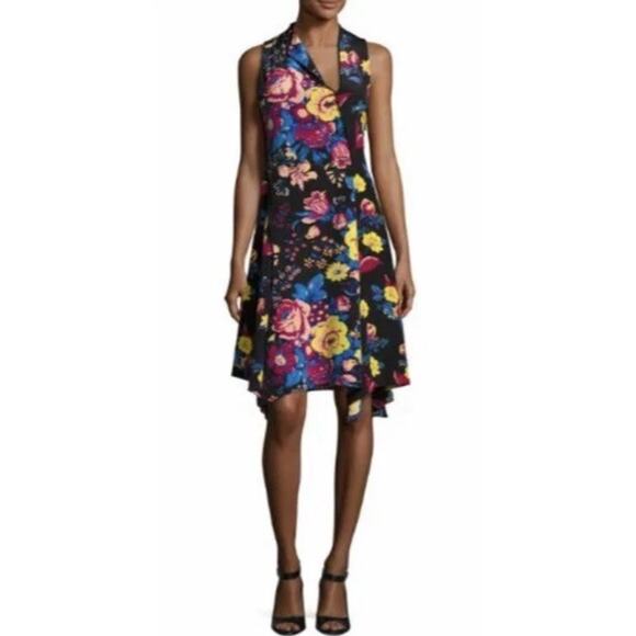 Diane Von Furstenberg Black Floral Silk Sleeveless Shark bite Dress Size 2 Aa23 - Picture 1 of 11